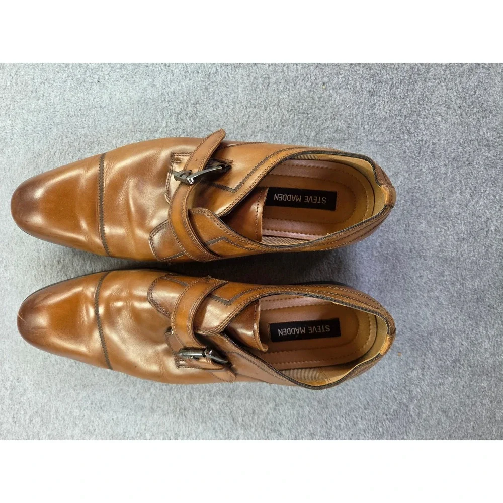 Steve Madden Mens Monk Strap Cap Toe Dress Shoes Tan Leather Business Classic